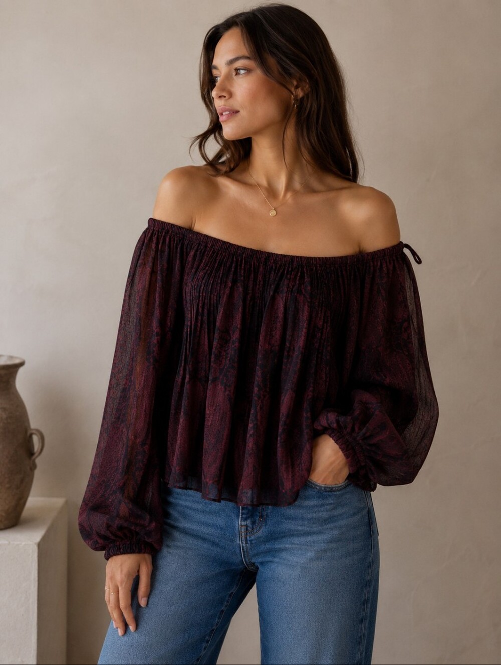 Wilfred Aritzia Burgundy Sheer Pleated Off Shoulder Blouse Snake Print Silk Trim